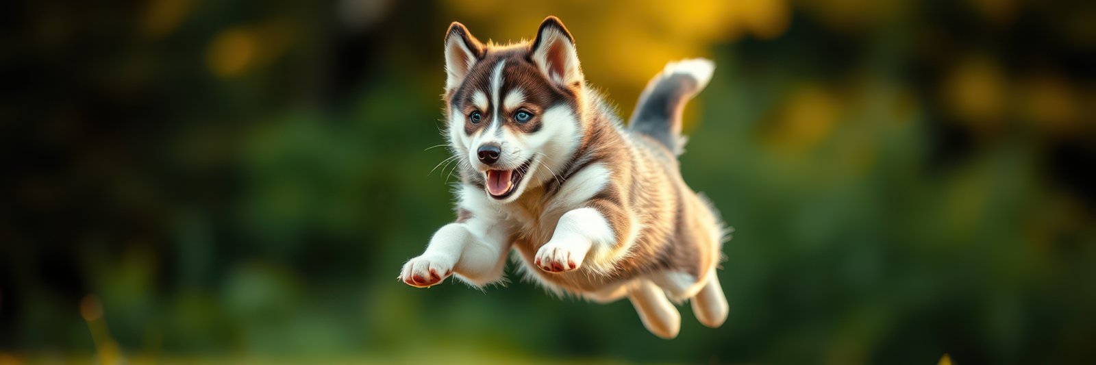 Playful puppy leaps joyfully in a green park during a sunny day